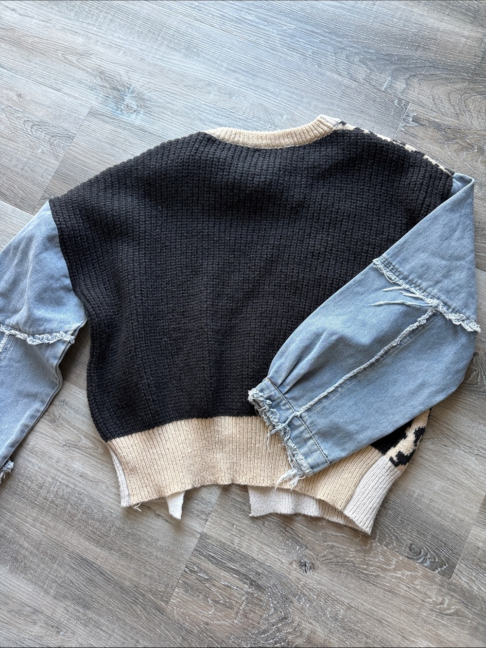 Bibi Mixed-Knit Leopard Patchwork Sweater in Beige and Black sz l oversized - Picture 5 of 5